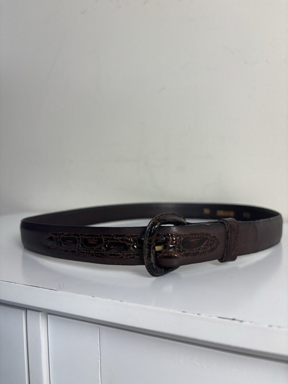 Vtg Dark Brown Glove Leather Belt Alligator Trim Women’s S/M FLAWED